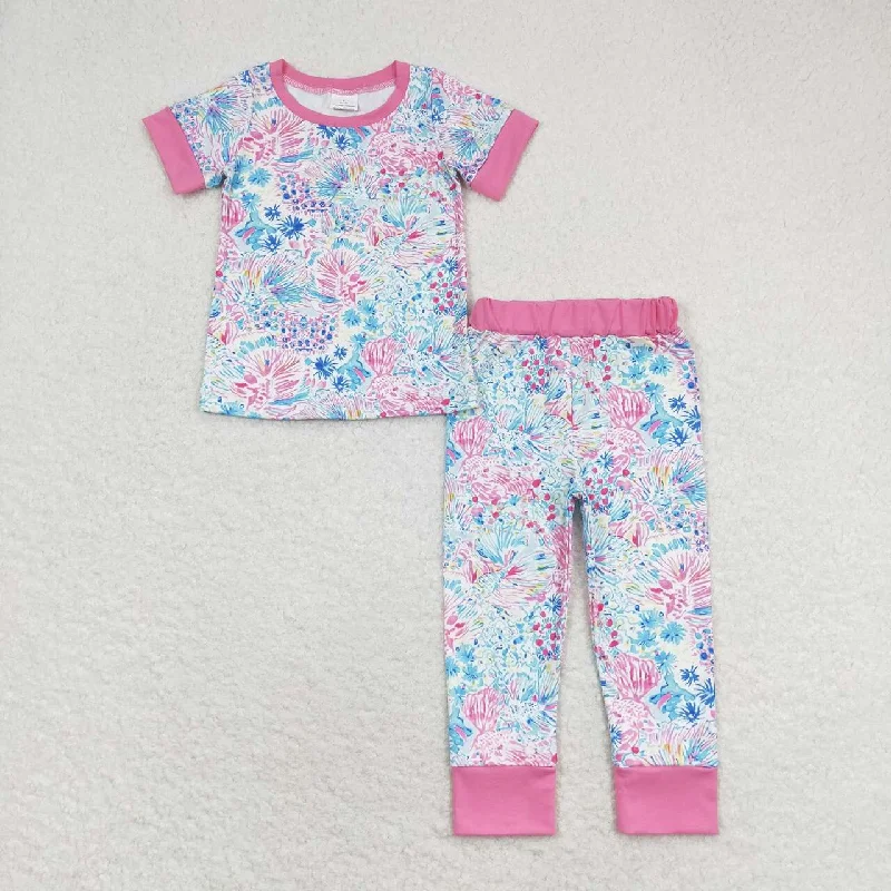 GSPO1550 Seaweed powder white short-sleeved trousers pajamas set baby girls clothing sets Laid