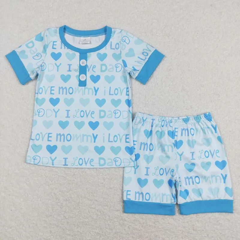 BSSO0411 Valentine  Blue Love Mommy Dad Boys Short Sleeve Shorts Outfits Pajamas Athletic Men's High