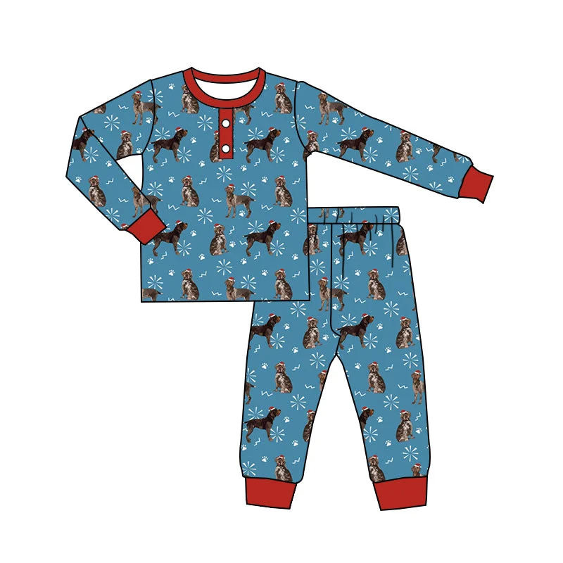 Preorder BLP0652 Santa Hat puppy paw print snowflake red blue long sleeve pants pajamas set Athletic Men's High