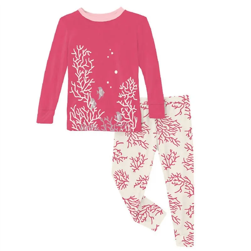 Girls' Long Sleeve Graphic Tee Pajama Set In Natural Coral Practical Men's Quick