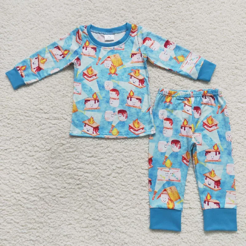 BLP0303 Blue Cake  Boys Long Sleeve Pants Outfits Pajamas Organic