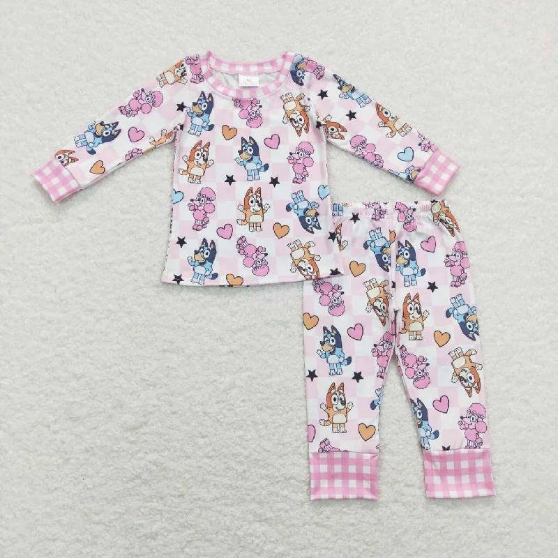 GLP1099  Valentine Love Pink blue dog cartoon  Girls Long Sleeve Pants Outfits Pajamas Beach