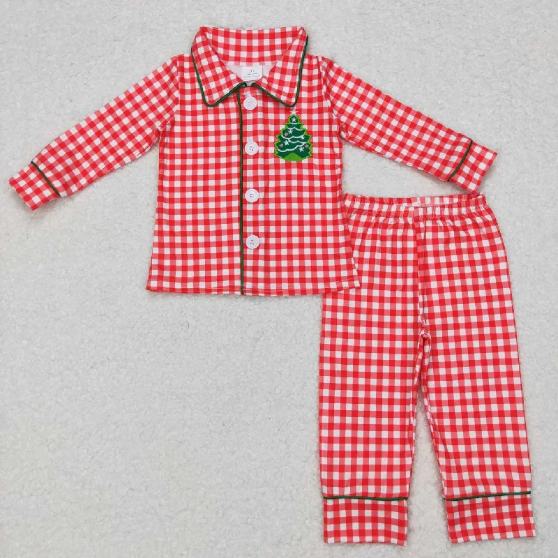 BLP0378 Christmas Red green Plaid Tree  Collar Girls Long Sleeve Pants Outfits  Pajamas Trendy Men's Oversized