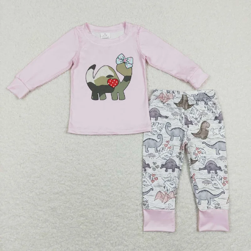 GLP1025 Valentine Pink Love Dinosaur  Girls Long Sleeve Pants Outfits Pajamas Dynamic Men's Glow