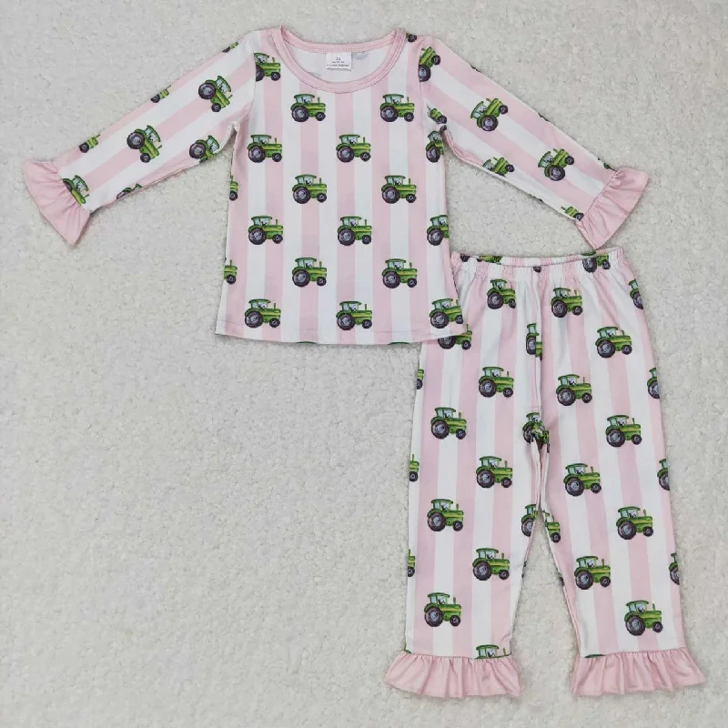 GLP0776  Pink Green Truck Farm  Girls Long Sleeve Pants Outfits Pajamas Business