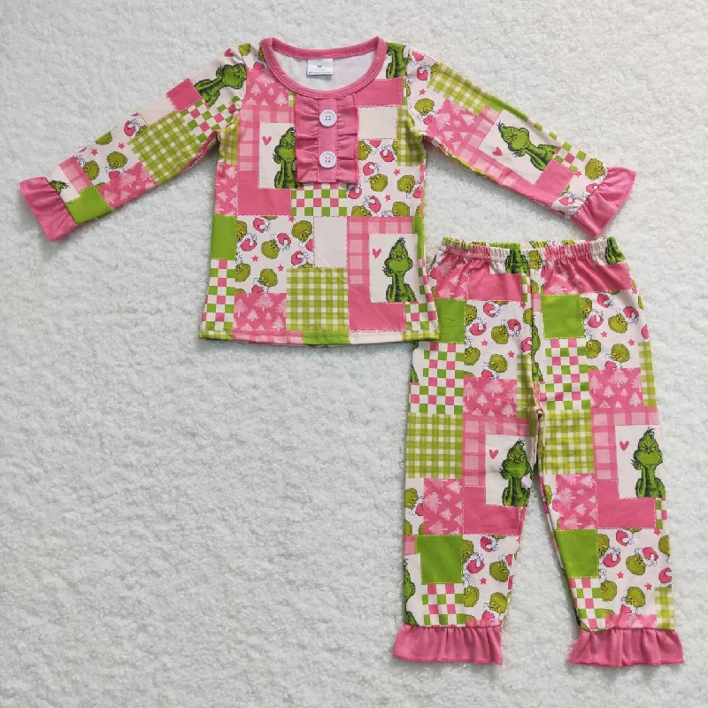 GLP0846  Christmas Pink Green Cartoon  Girls Long Sleeve Pants Outfits Pajamas Casual Men's Short