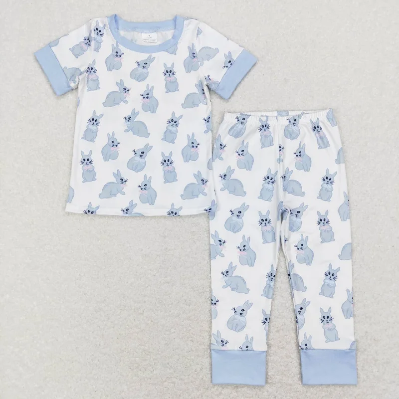 BSPO0237  Easter Rabbit Blue Boys Short Sleeve Bell Bottom Pants Outfits Pajamas Adventure