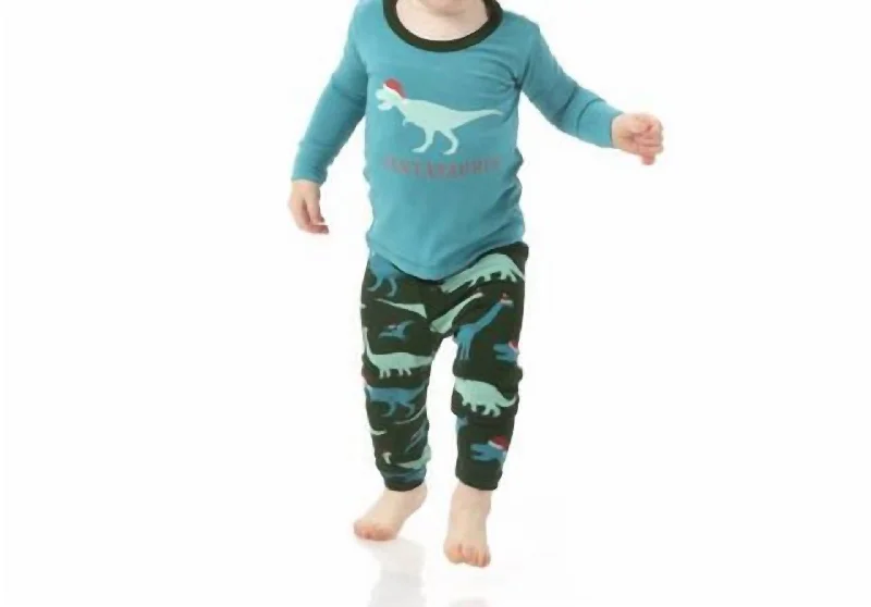 Long Sleeve Graphic Tee Pajama Set In Santa Dinos Streetwear Style