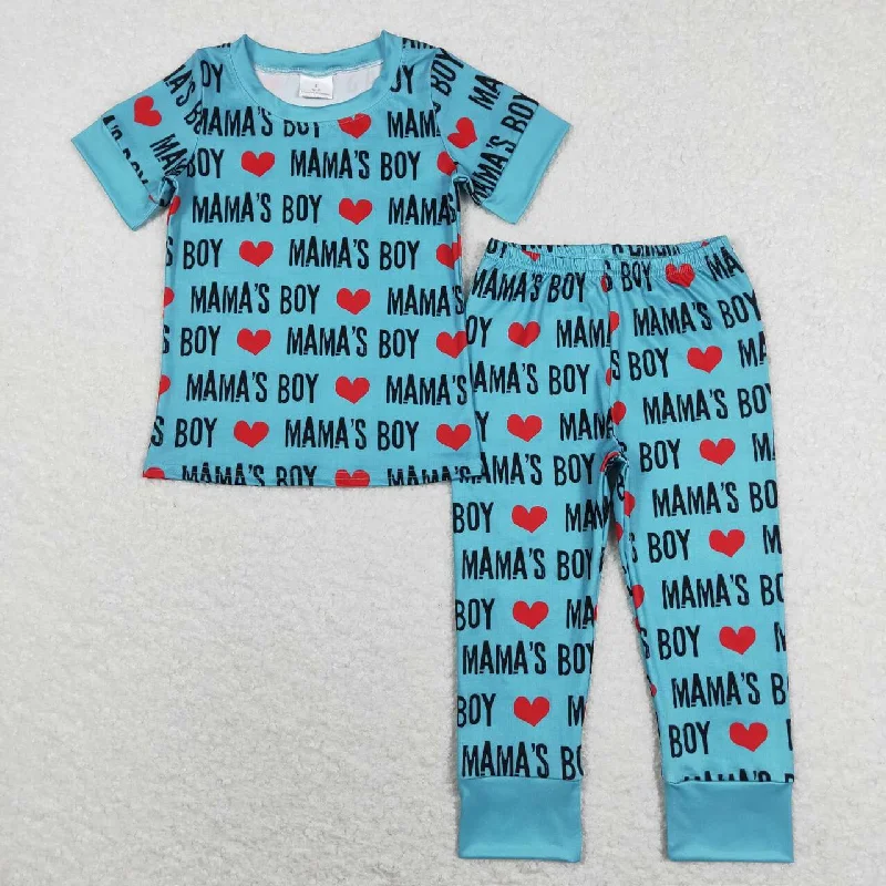 BSPO0168  Valentine Love Blue Mama's Boy  Boys Short Sleeve Bell Bottom Pants Outfits Pajamas Refined Men's European