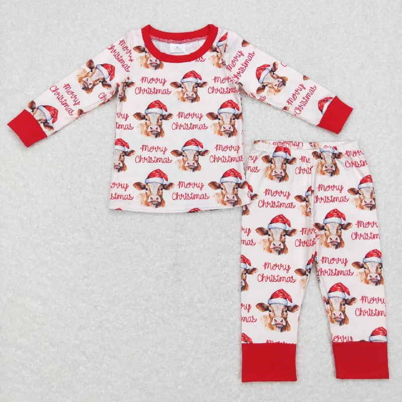 BLP0388   Merry Christmas Cow Red Boys Long Sleeve Pants Outfits Pajamas Earthy Men's Sustainable 