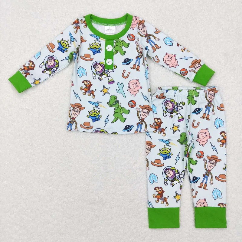 BLP0411  Green Toy Cartoon  Boys Long Sleeve Pants Outfits Pajamas Laid