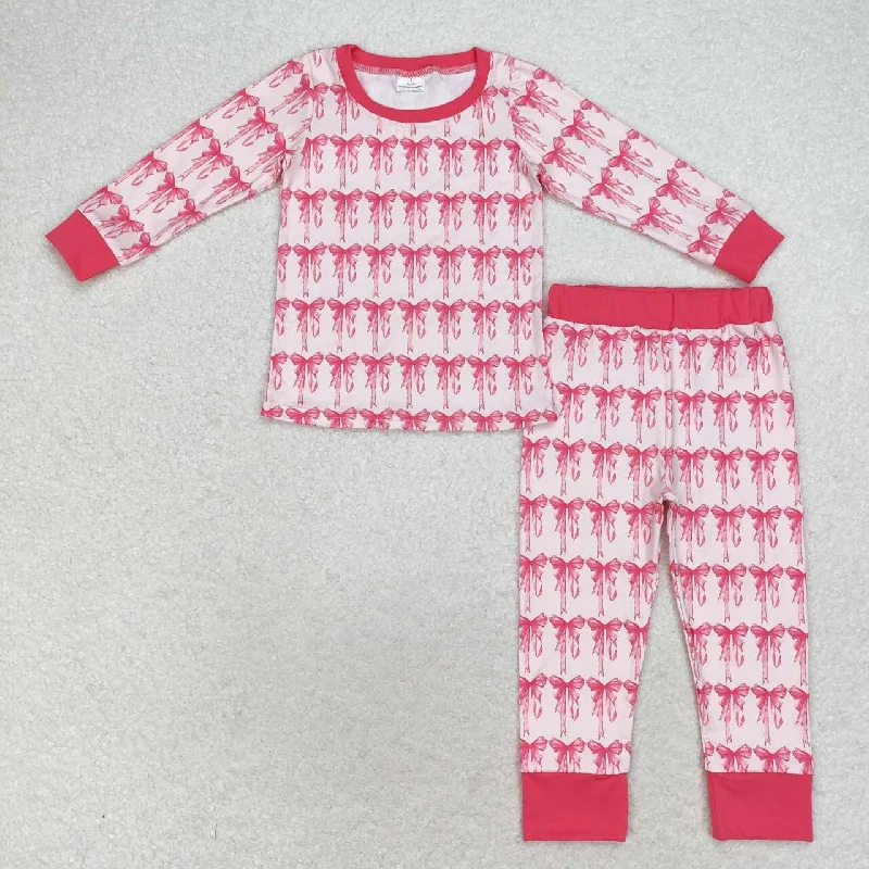 GLP1214 NO MOQ Pink and white long-sleeved pants pajamas set with bow pattern girls clothing sets for 14 years old Casual Men's Loose