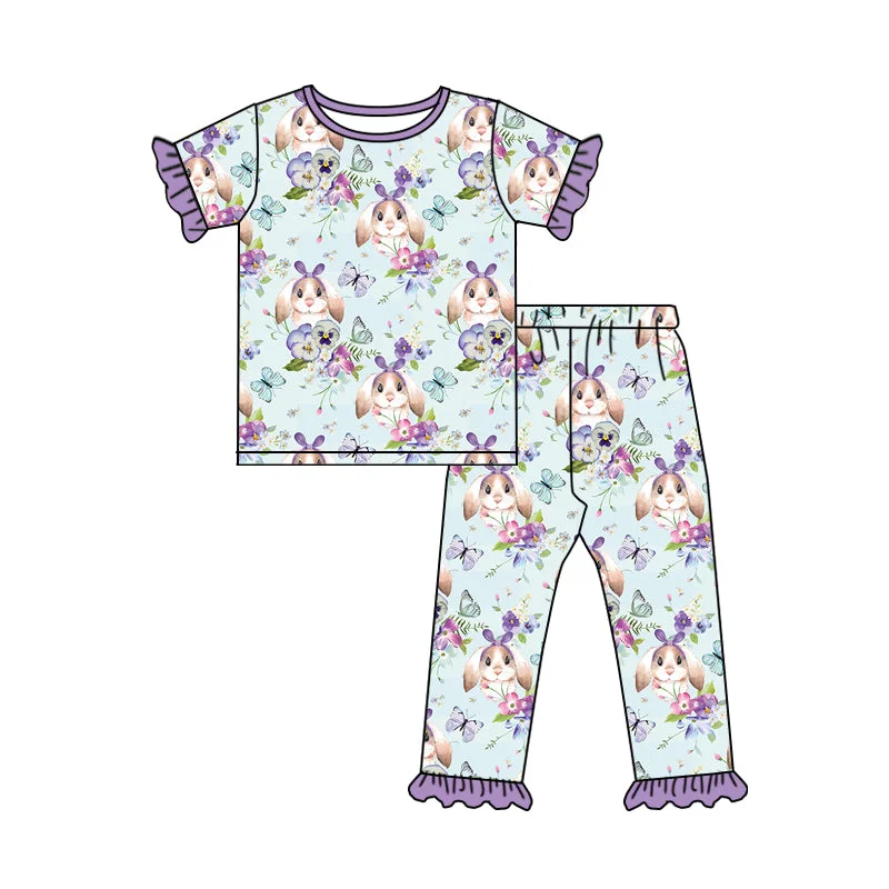 preorder GSPO1279 Easter Purple Rabbit Girls Short Sleeve Pants Outfits Pajamas Sophisticated Men's French