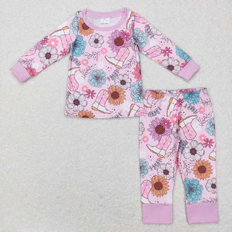 GLP0977 Pink Boots cowboy Floral Girls Long Sleeve Pants Outfits Pajamas Preppy Men's College