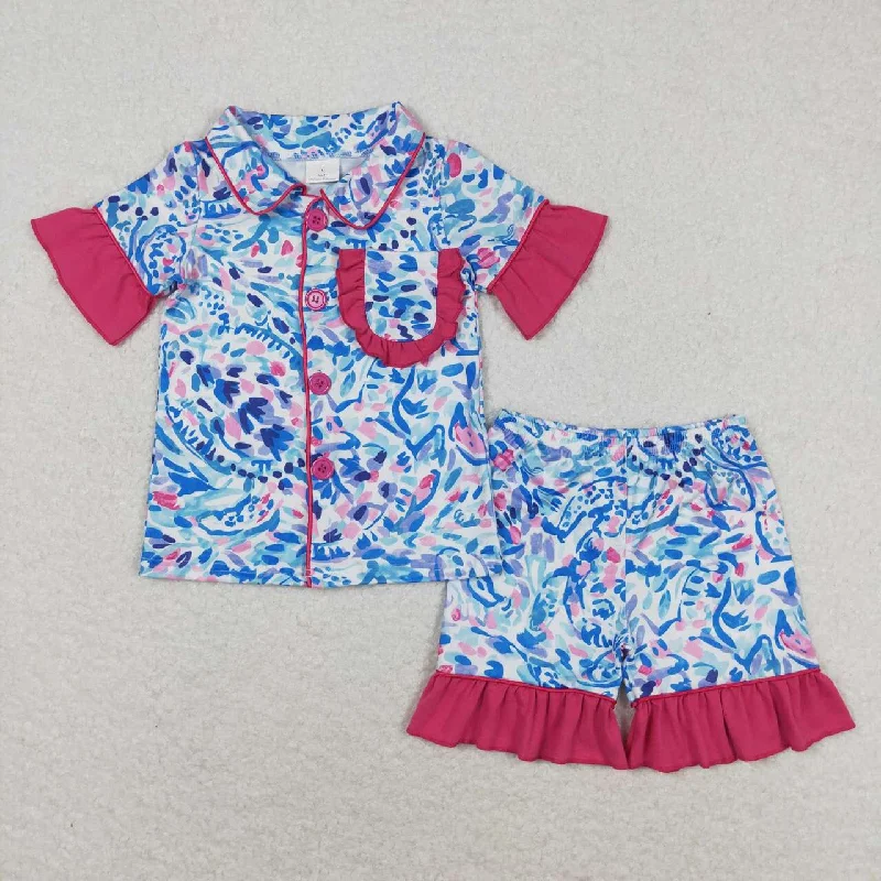 GSSO1096 Turtle deep sea pattern rose red lace short sleeve shorts pajamas set high quality girls clothing sets Artistic Men's Hand